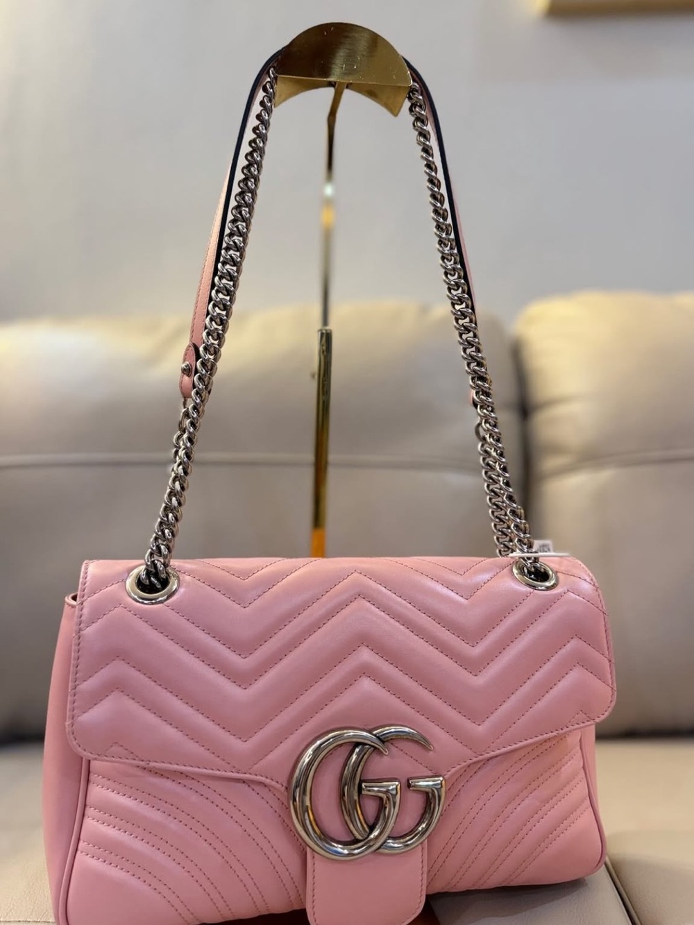 Gucci Pink Quilted Chevron Shoulder Bag with Double G Hardware